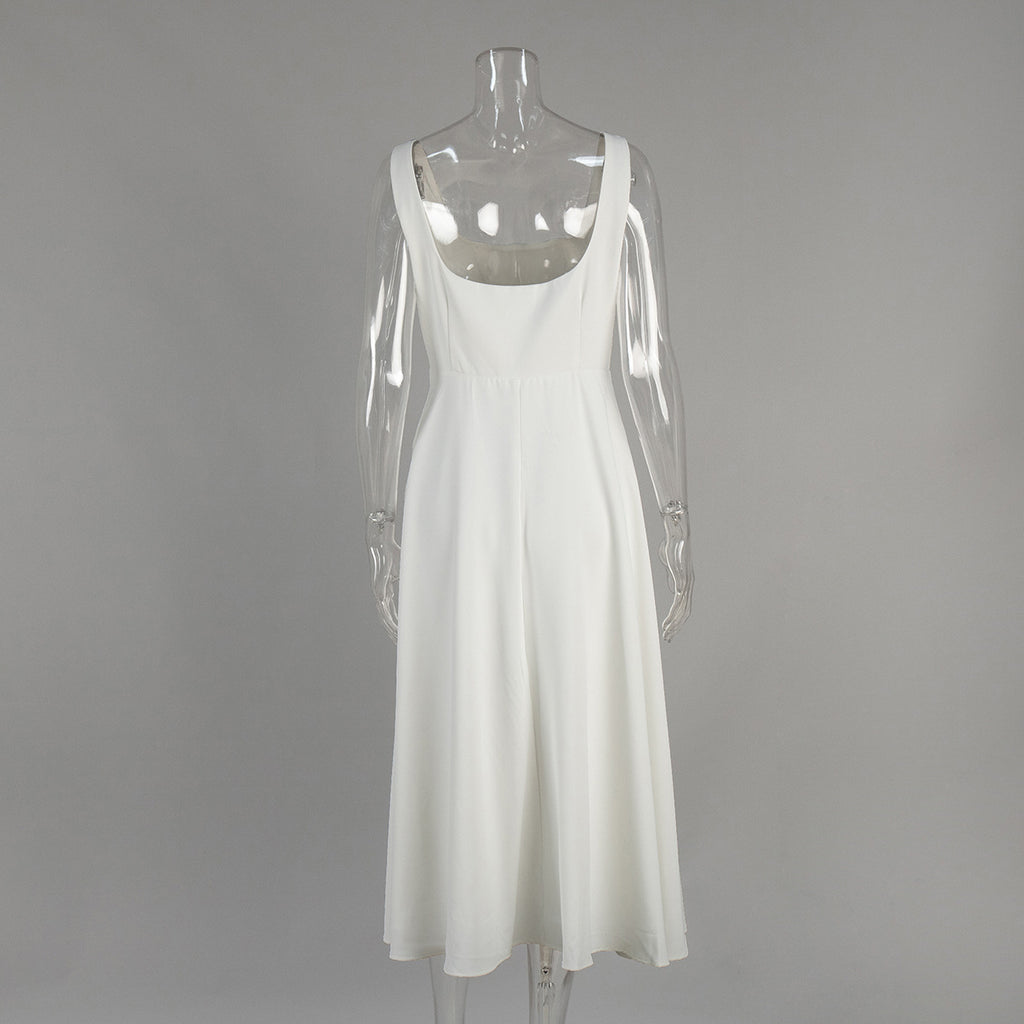 Square Neck Sleeveless Fit And Flare Midi Dress - White - 2