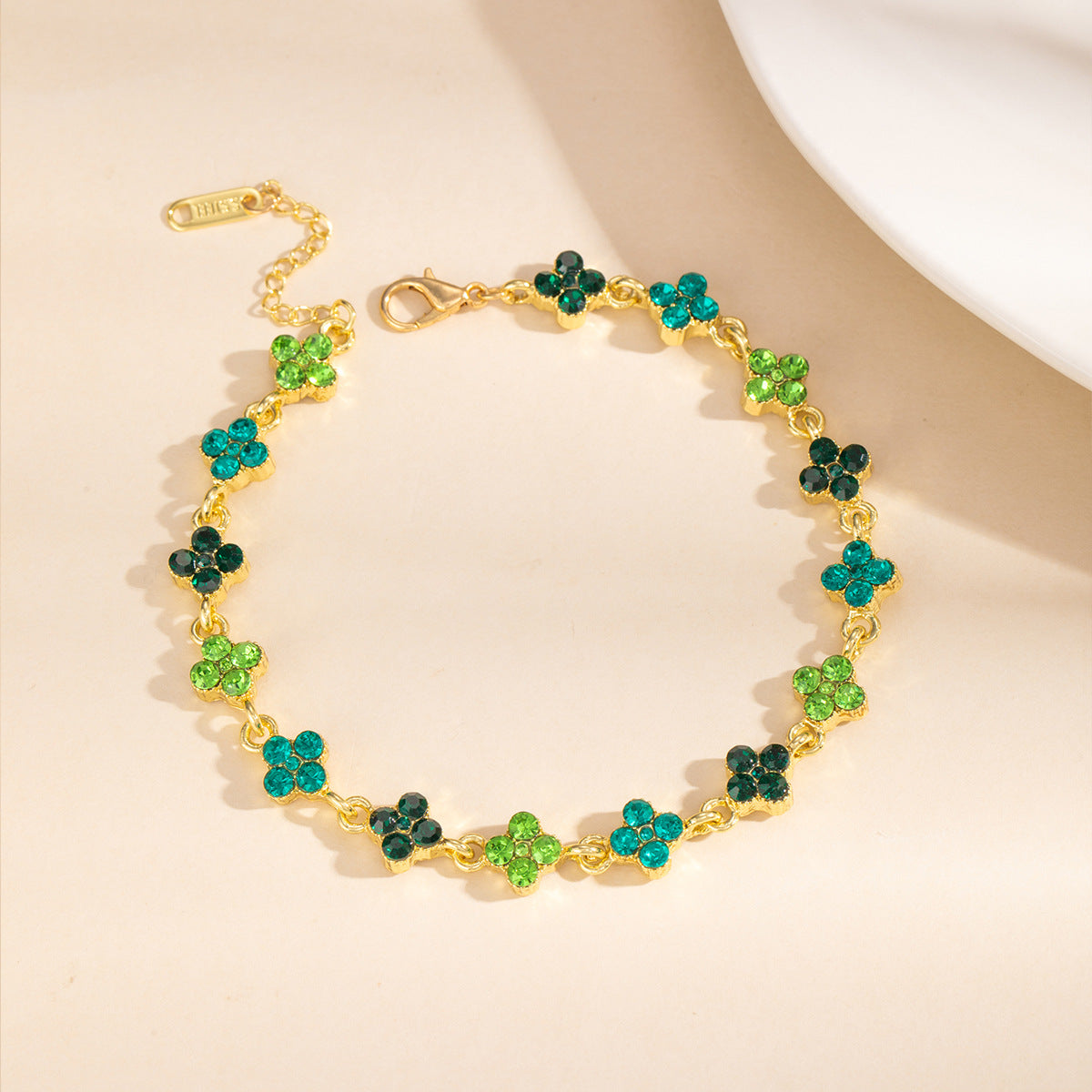 Four Leaf Clover Crystal Chain Bracelet with Extender - Green