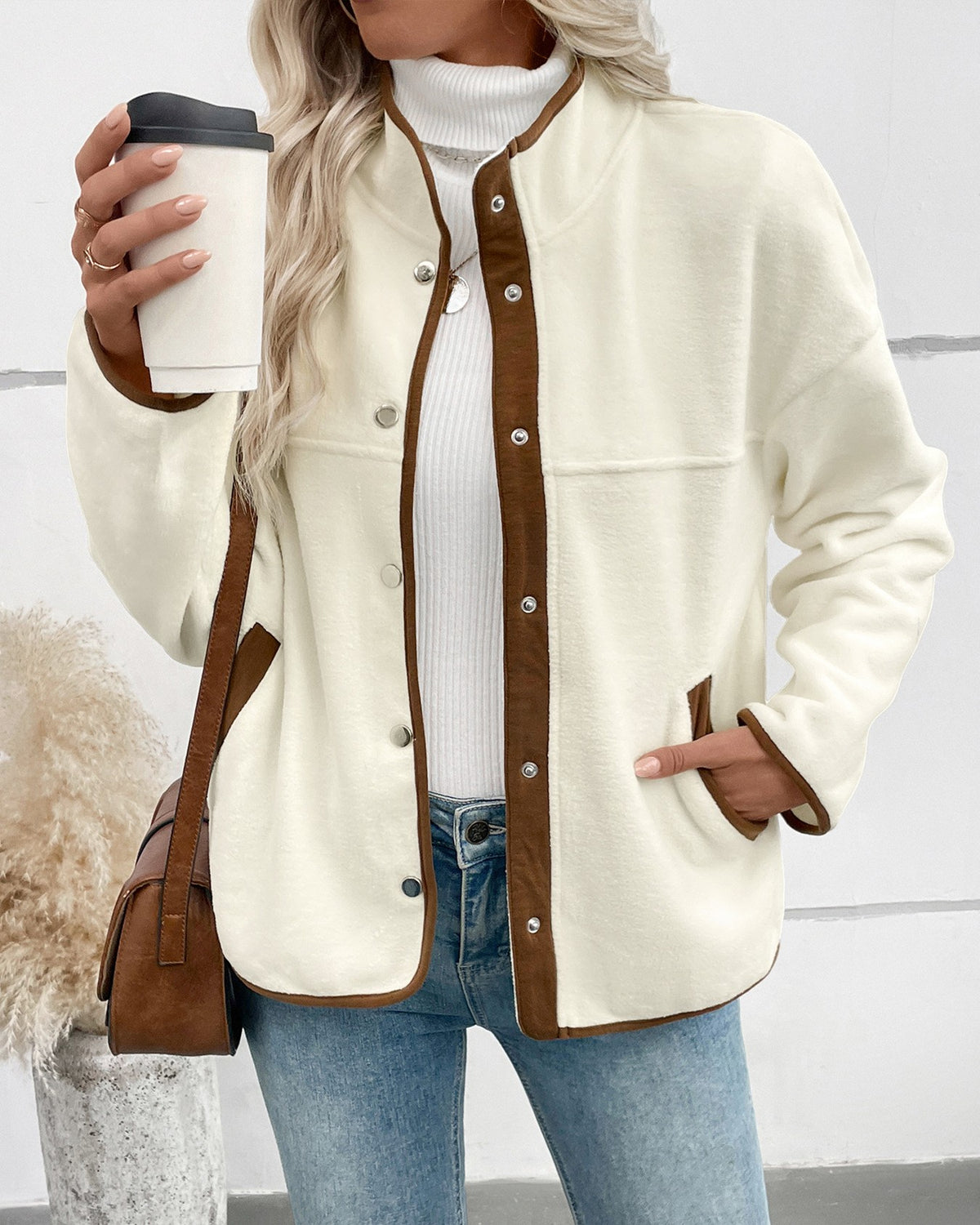 Contrast Trim Snap Button Fleece Jacket - Apricot