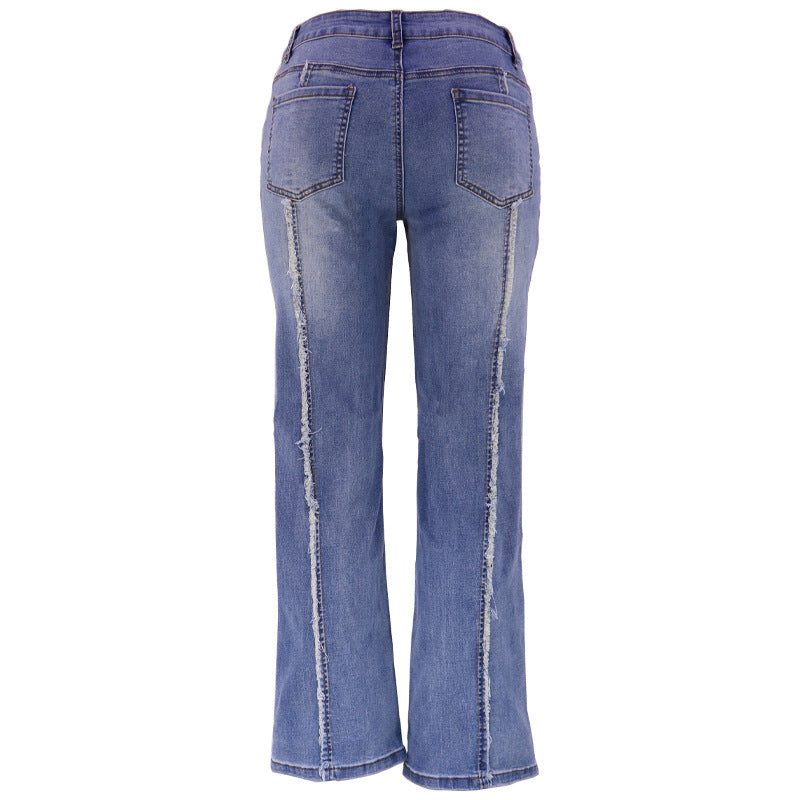 Frayed Seam Detail Straight Leg Jeans - Blue