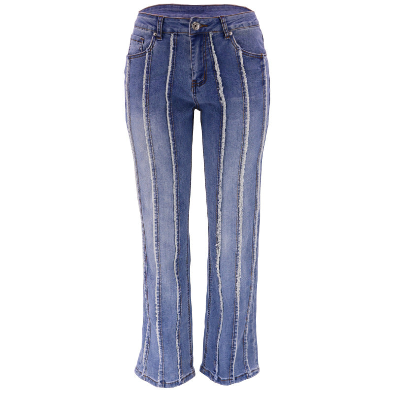 Frayed Seam Detail Straight Leg Jeans - Blue - 2