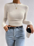 Fitted Waffle Knit Long Sleeve Crop Top - Beige
