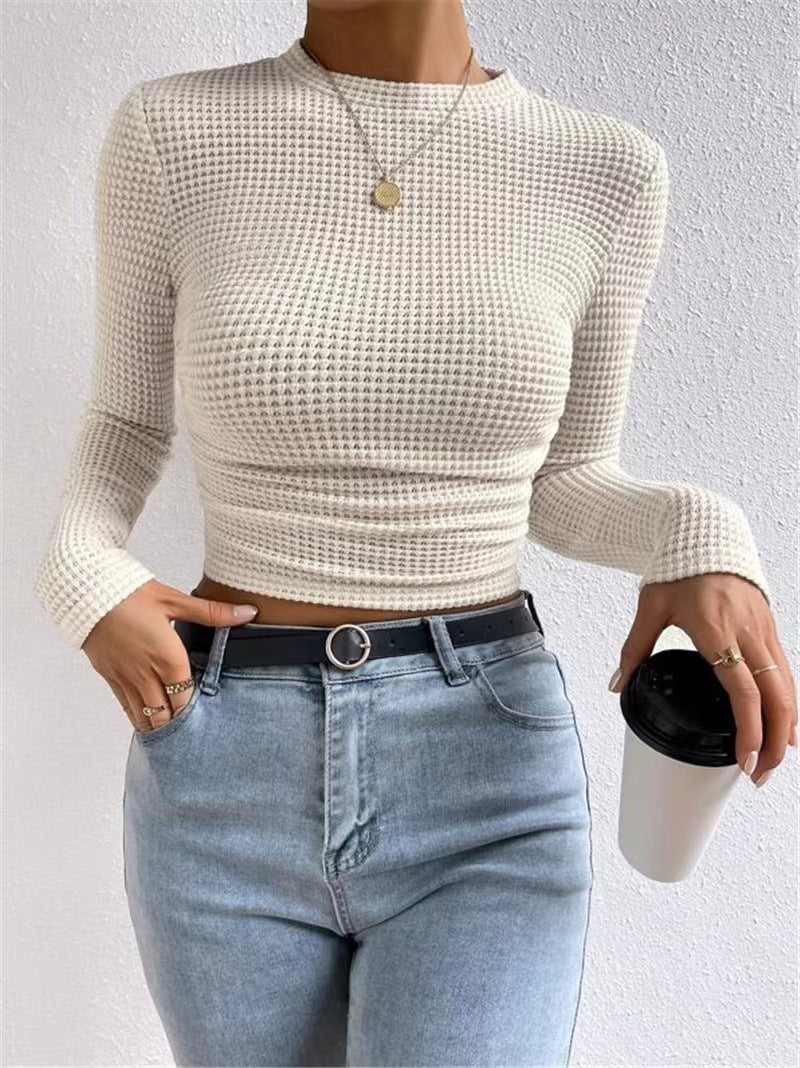 Fitted Waffle Knit Long Sleeve Crop Top - Beige
