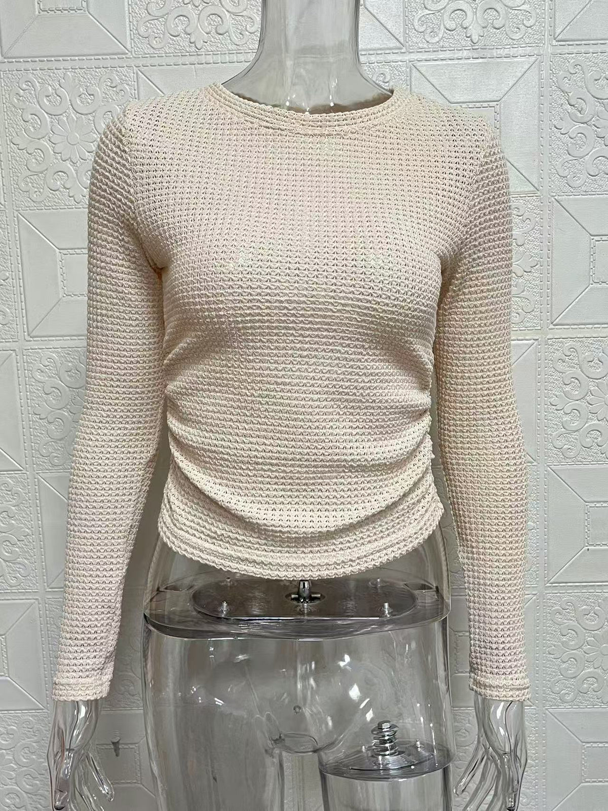 Fitted Waffle Knit Long Sleeve Crop Top - Beige - 1