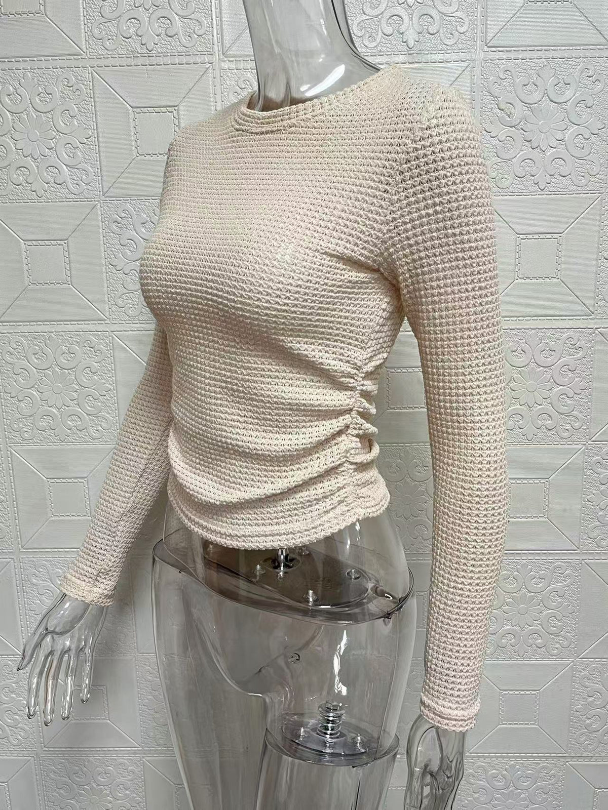 Fitted Waffle Knit Long Sleeve Crop Top - Beige - 2