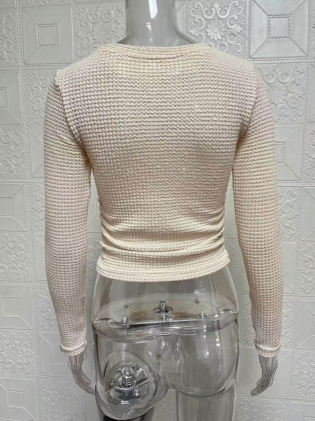 Fitted Waffle Knit Long Sleeve Crop Top - Beige - 3