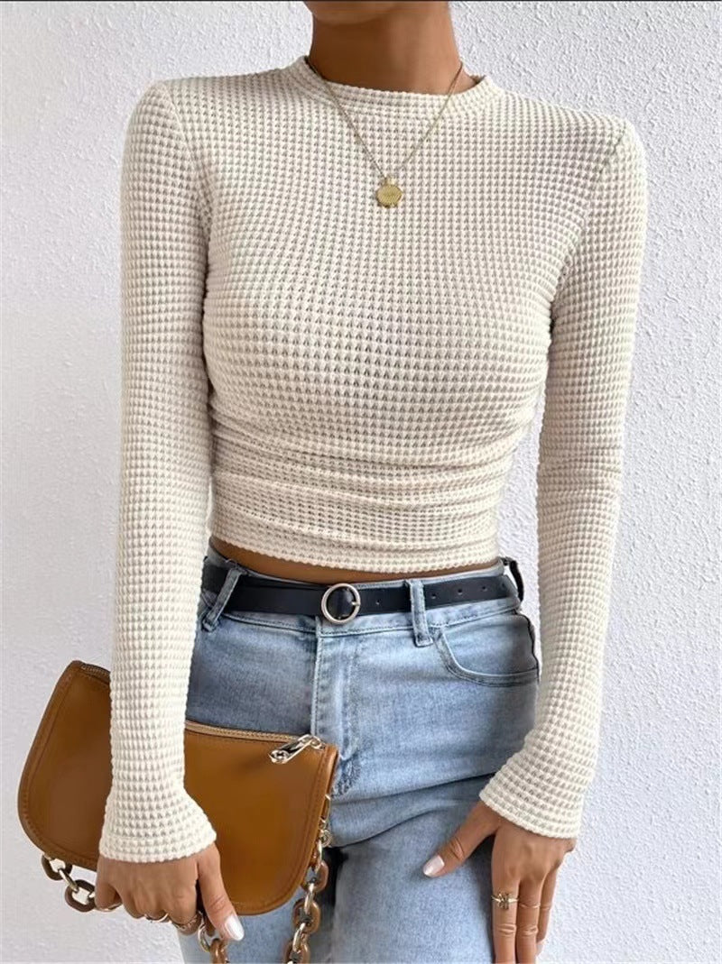 Fitted Waffle Knit Long Sleeve Crop Top - Beige - 4