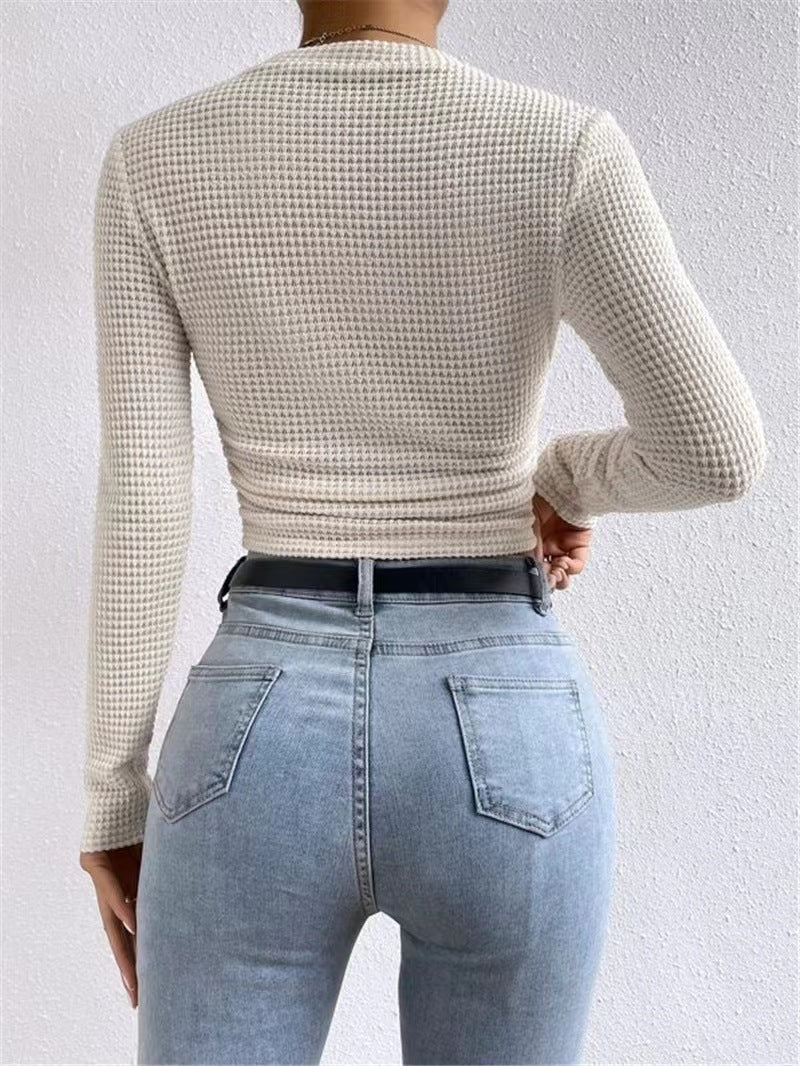 Fitted Waffle Knit Long Sleeve Crop Top - Beige - 7