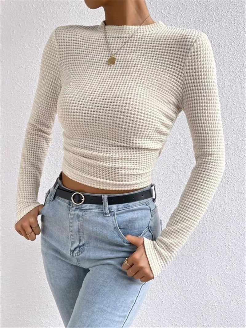 Fitted Waffle Knit Long Sleeve Crop Top - Beige - 8