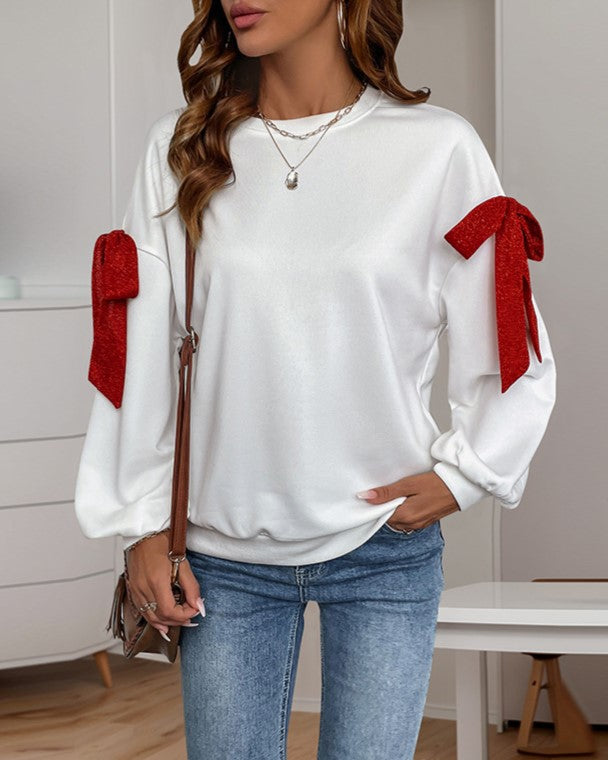 Satin Bow Trim Drop Shoulder Sweatshirt - White