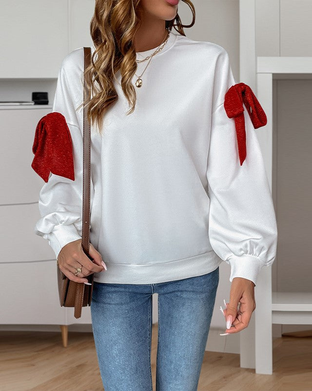 Satin Bow Trim Drop Shoulder Sweatshirt - White - 2