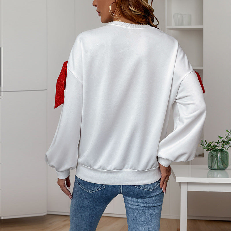 Satin Bow Trim Drop Shoulder Sweatshirt - White - 3