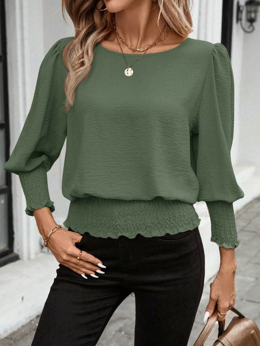 Balloon Sleeve Smocked Waist Blouse - ArmyGreen