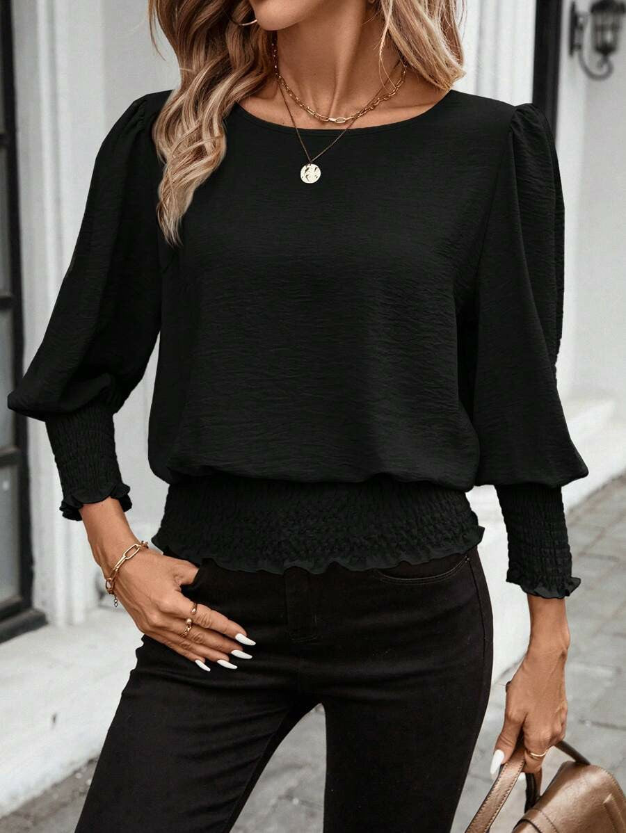 Balloon Sleeve Smocked Waist Blouse - Black