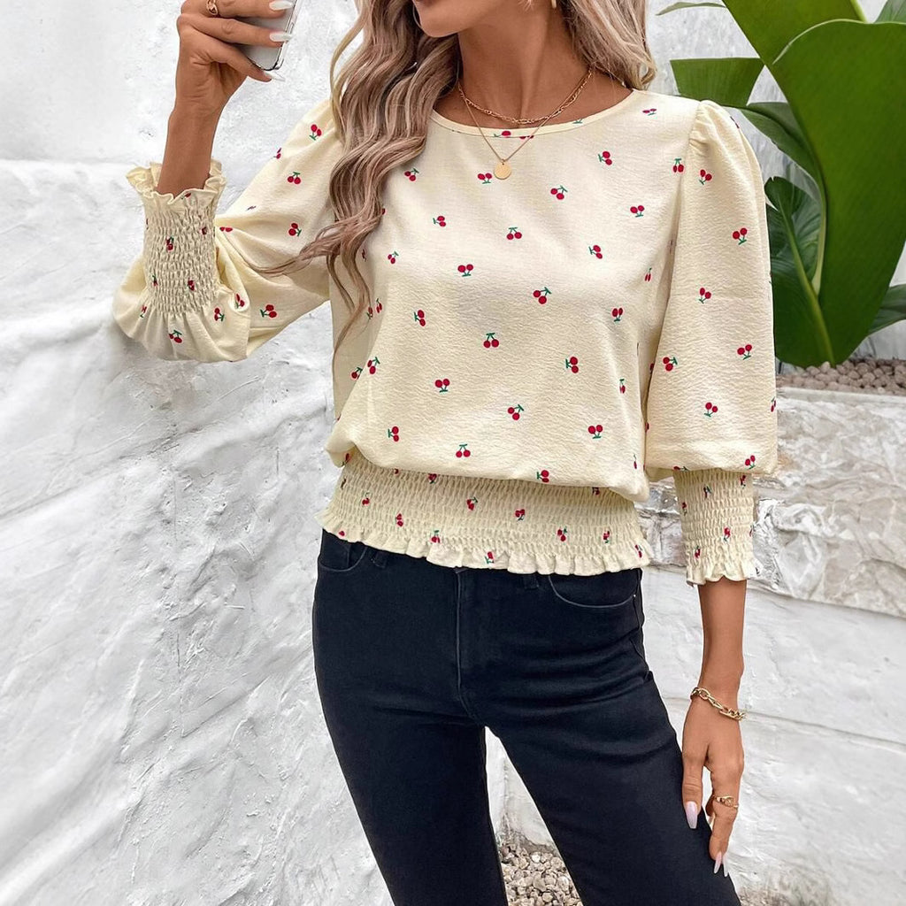 Balloon Sleeve Smocked Waist Blouse - Cherry