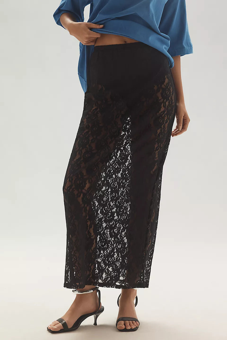 Floral Lace Column Midi Skirt - black