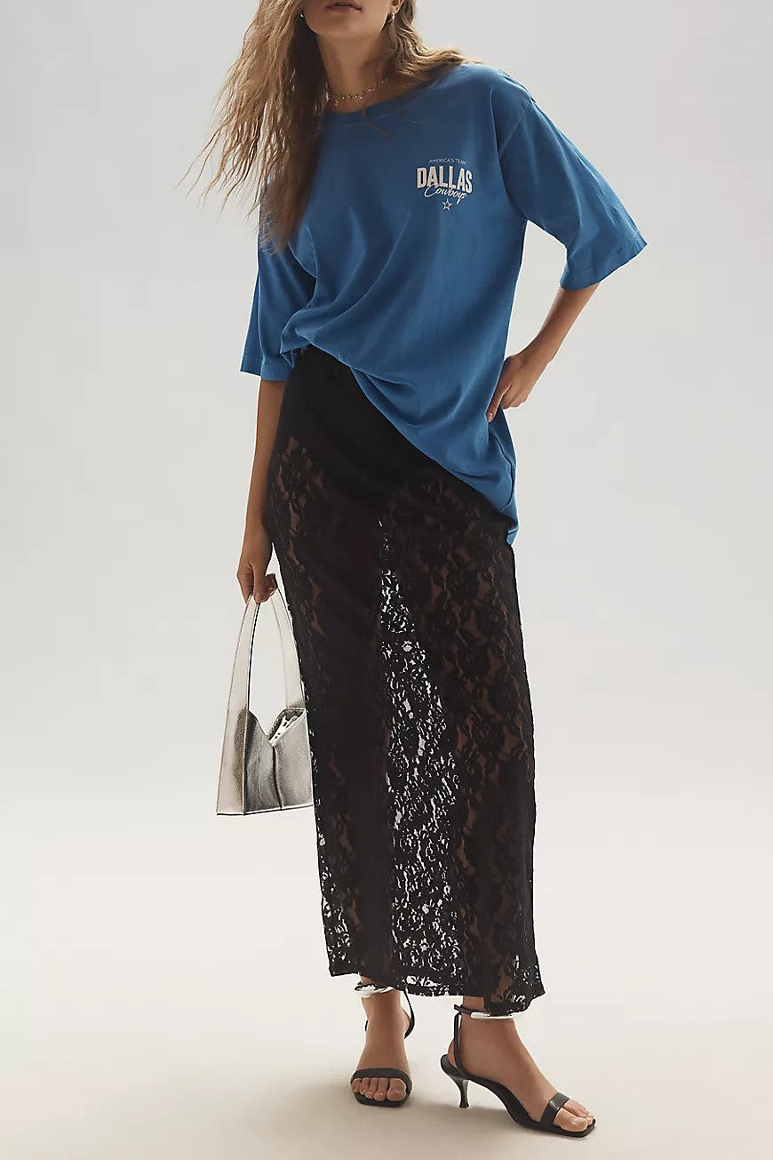 Floral Lace Column Midi Skirt - black - 3