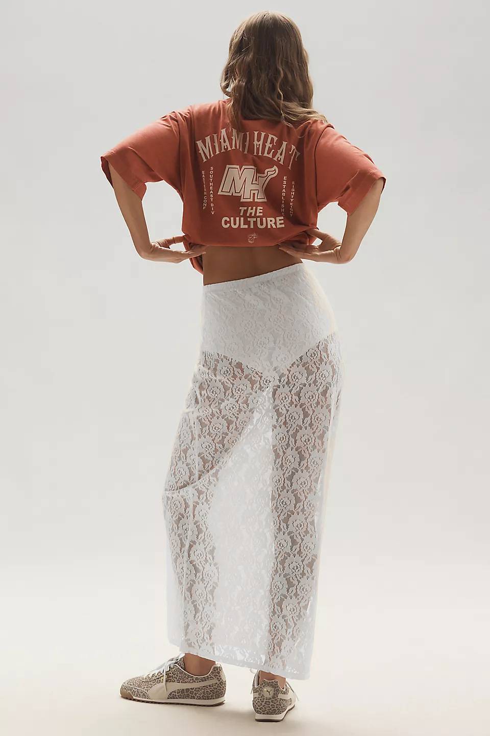 Floral Lace Column Midi Skirt - white - 1