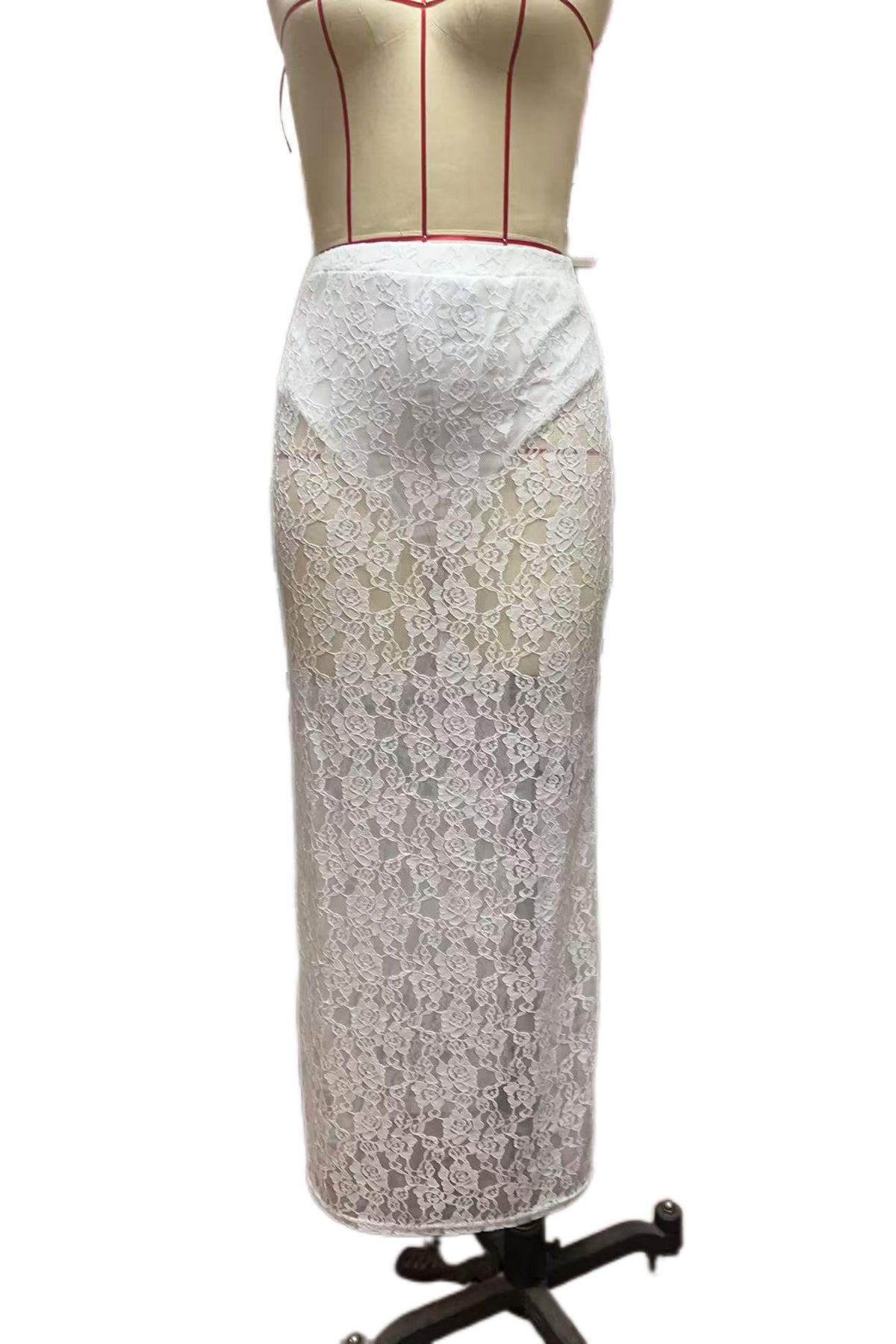 Floral Lace Column Midi Skirt - white - 4