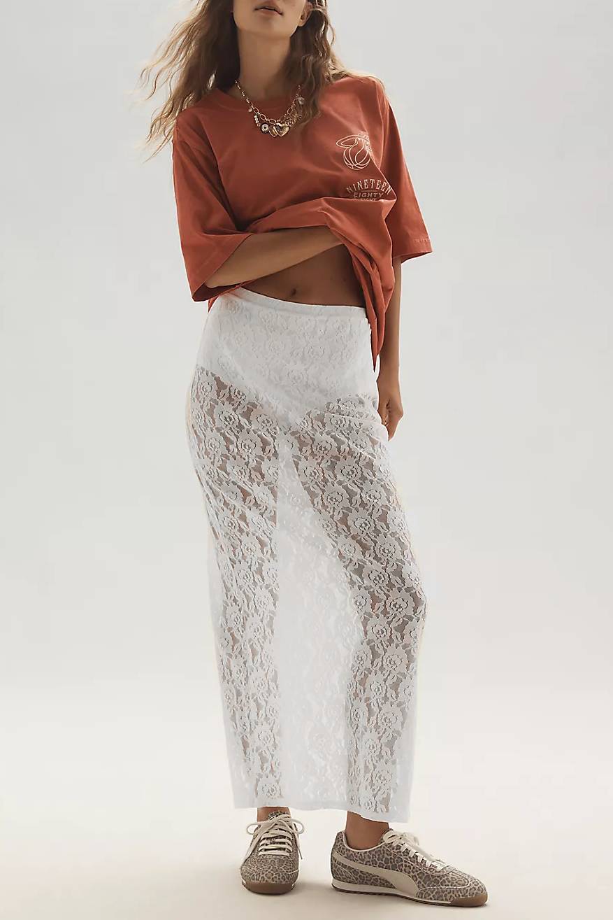 Floral Lace Column Midi Skirt - white - 5