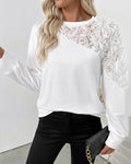 Rosette Lace Panel Drop Shoulder Sweatshirt - White