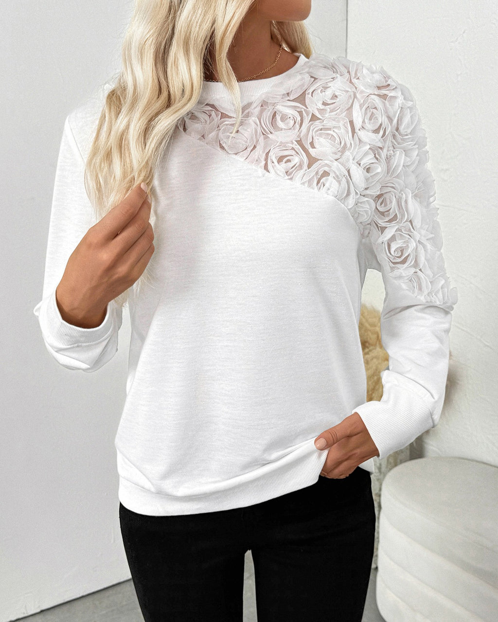 Rosette Lace Panel Drop Shoulder Sweatshirt - White - 2