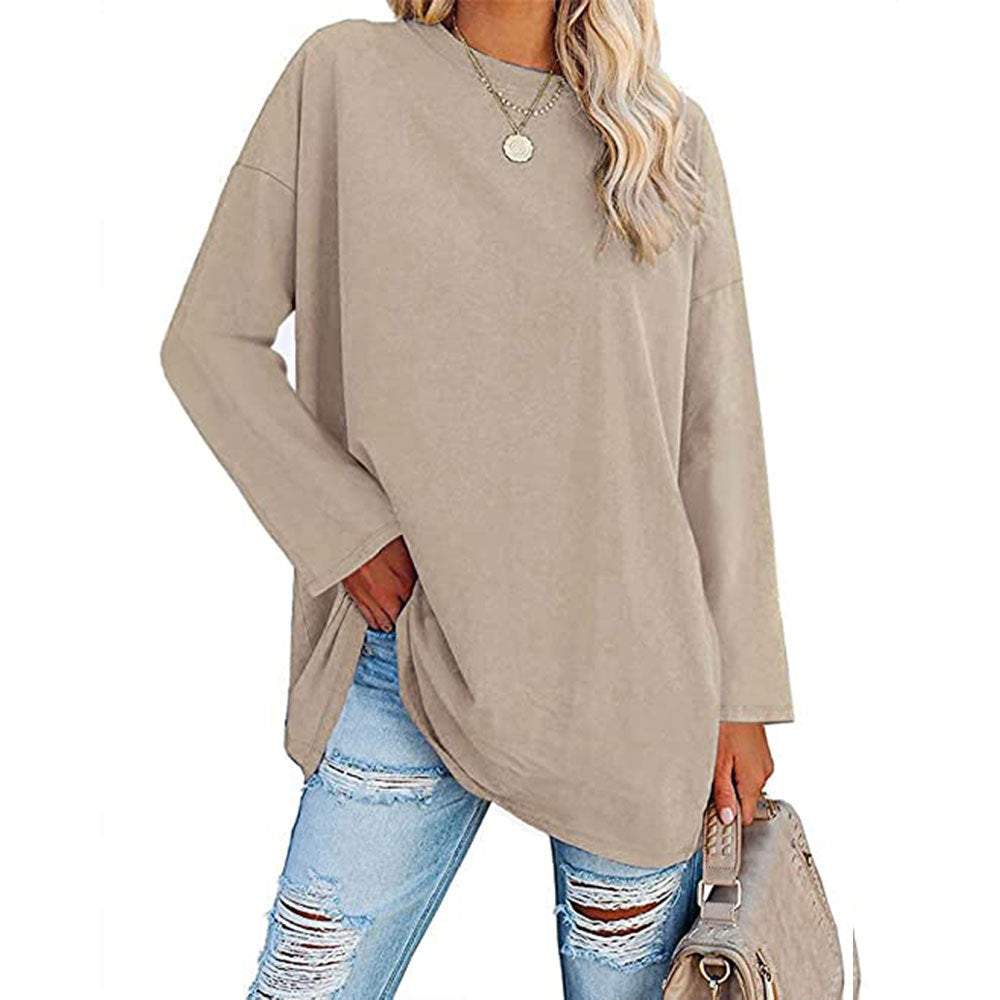 Curved Hem Long Sleeve Tunic Tee - Apricot