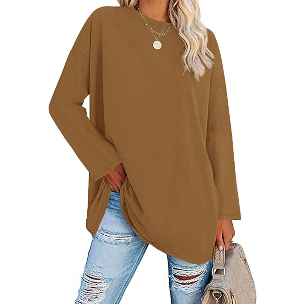 Curved Hem Long Sleeve Tunic Tee - Brown