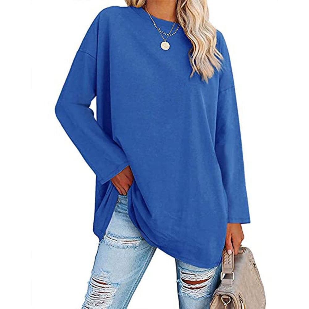 Curved Hem Long Sleeve Tunic Tee - DarkBlue