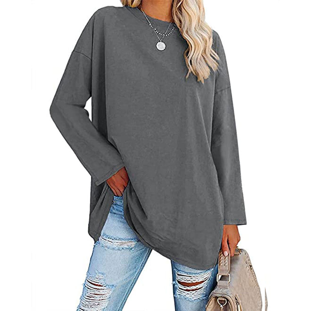 Curved Hem Long Sleeve Tunic Tee - DarkGray