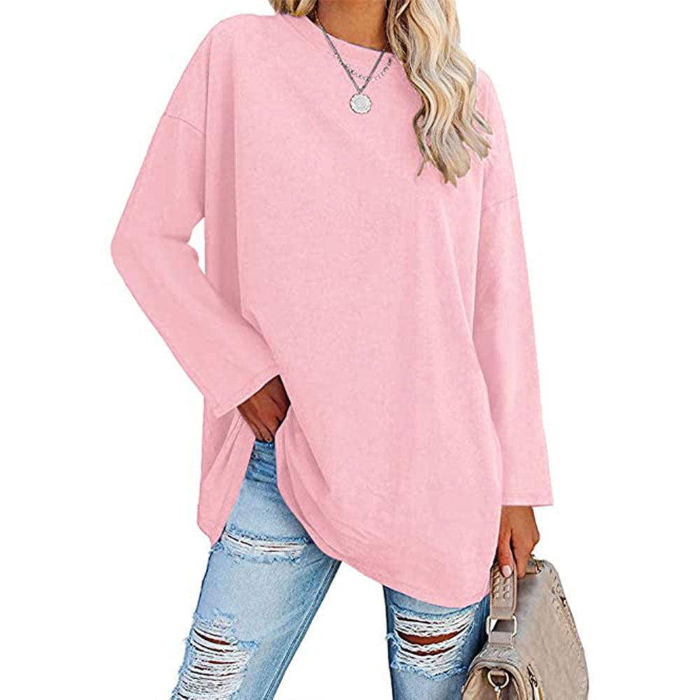 Curved Hem Long Sleeve Tunic Tee - Pink
