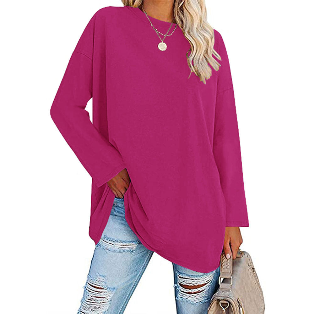 Curved Hem Long Sleeve Tunic Tee - RoseRed