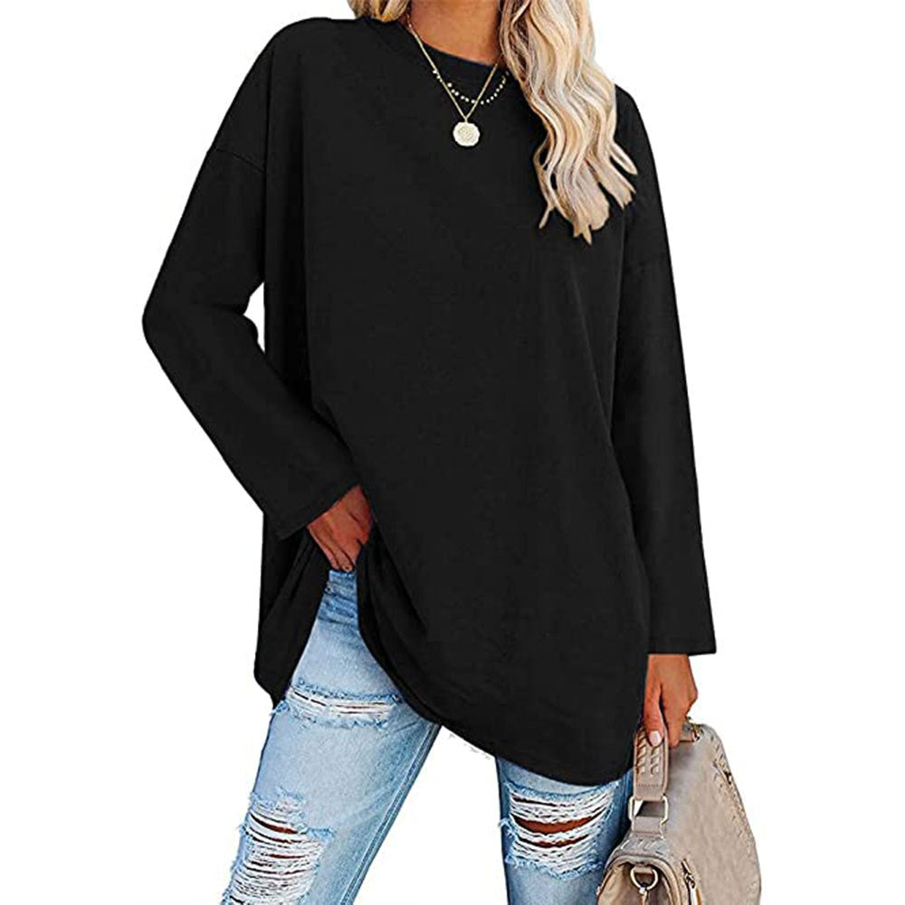 Curved Hem Long Sleeve Tunic Tee - black