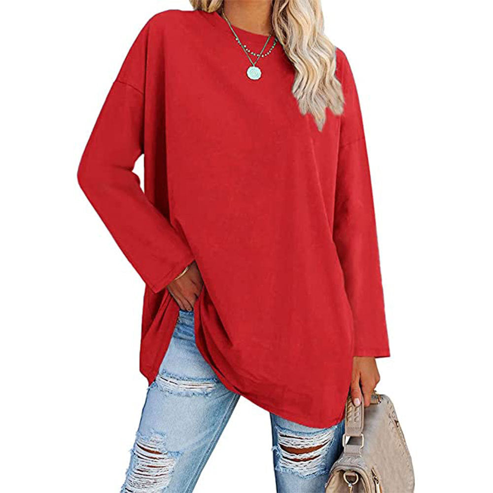 Curved Hem Long Sleeve Tunic Tee - red