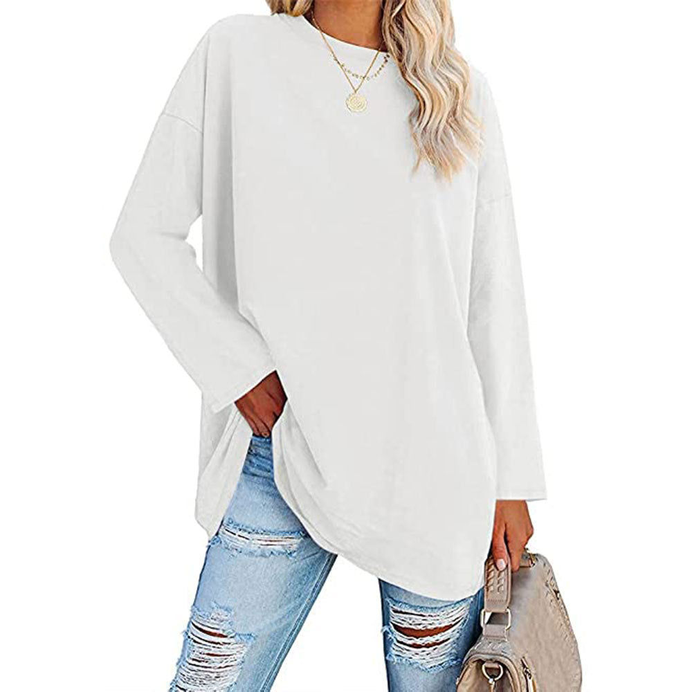 Curved Hem Long Sleeve Tunic Tee - white