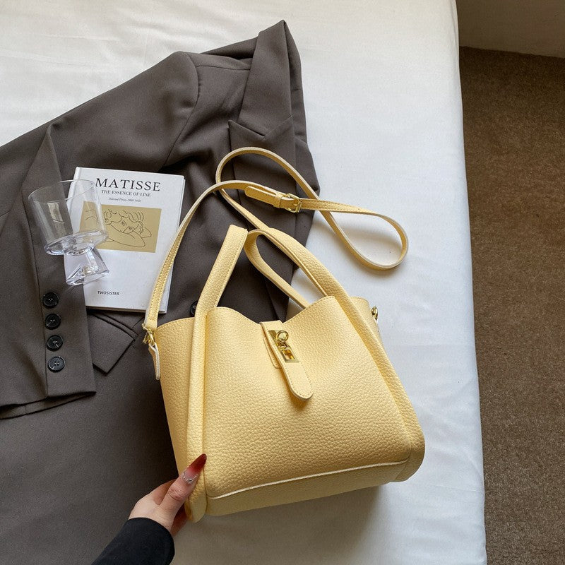 Pebbled Bucket Bag with Turn Lock Strap - Butter Yellow