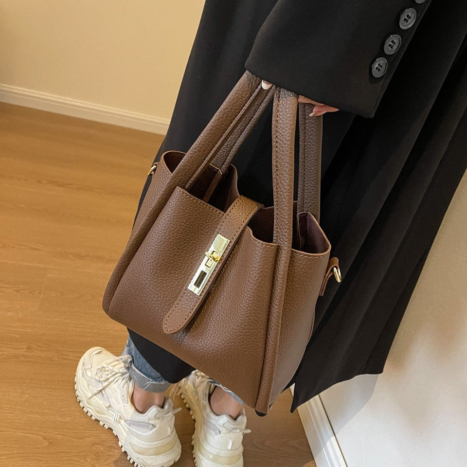 Pebbled Bucket Bag with Turn Lock Strap - Coffee