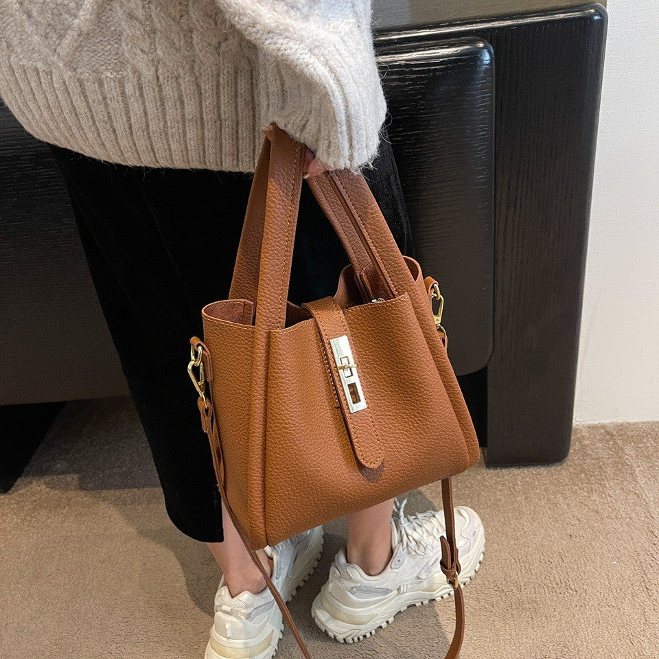 Pebbled Bucket Bag with Turn Lock Strap - Cognac