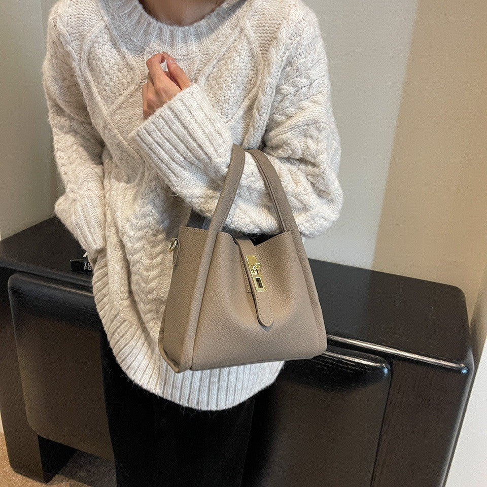 Pebbled Bucket Bag with Turn Lock Strap - Elephant Gray
