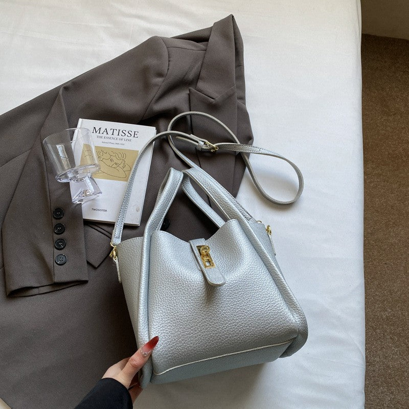 Pebbled Bucket Bag with Turn Lock Strap - Light Blue