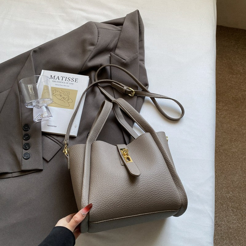 Pebbled Bucket Bag with Turn Lock Strap - Silver Gray