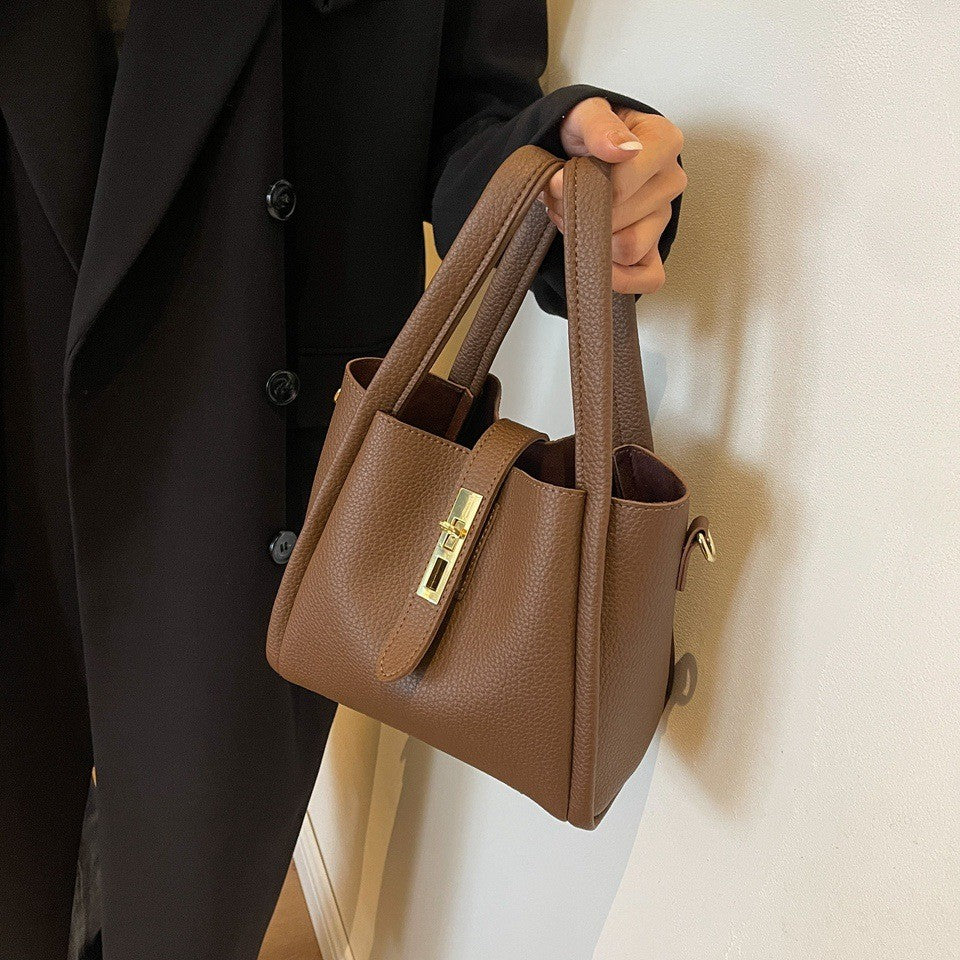 Pebbled Bucket Bag with Turn Lock Strap