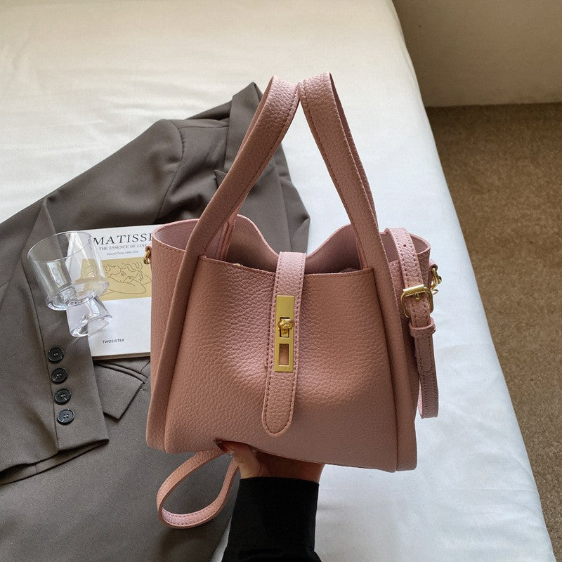 Pebbled Bucket Bag with Turn Lock Strap
