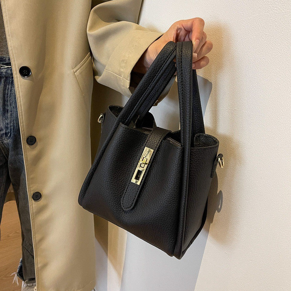 Pebbled Bucket Bag with Turn Lock Strap