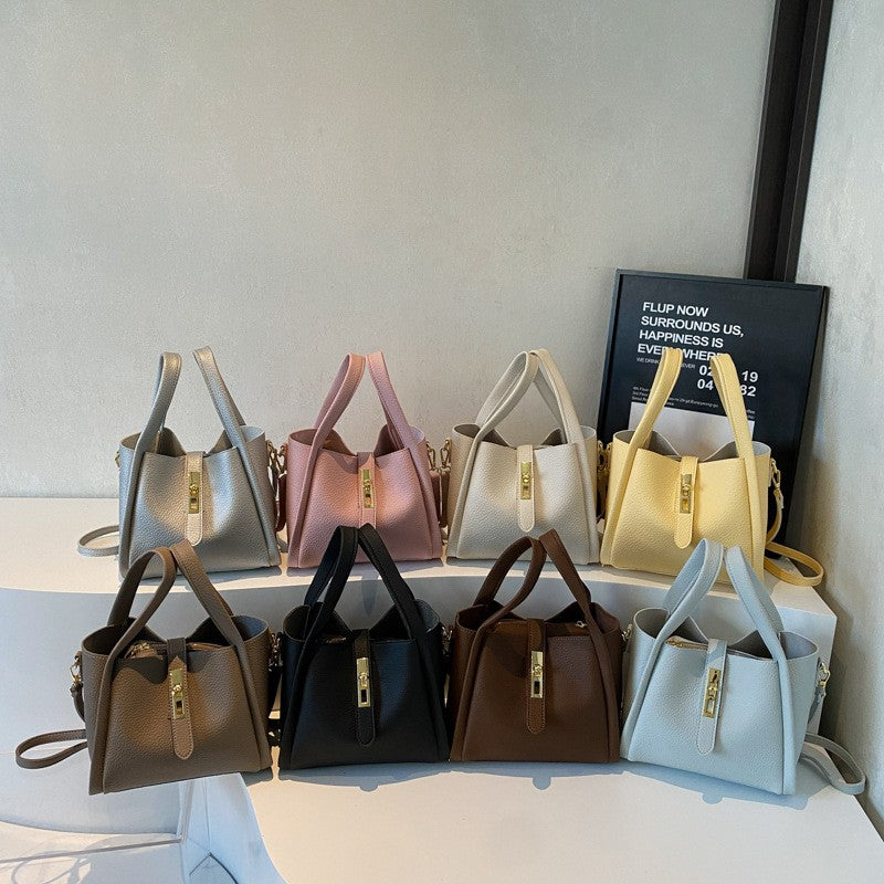 Pebbled Bucket Bag with Turn Lock Strap