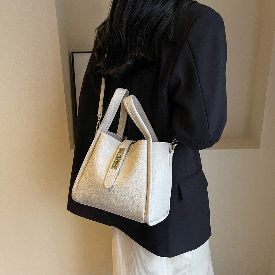 Pebbled Bucket Bag with Turn Lock Strap