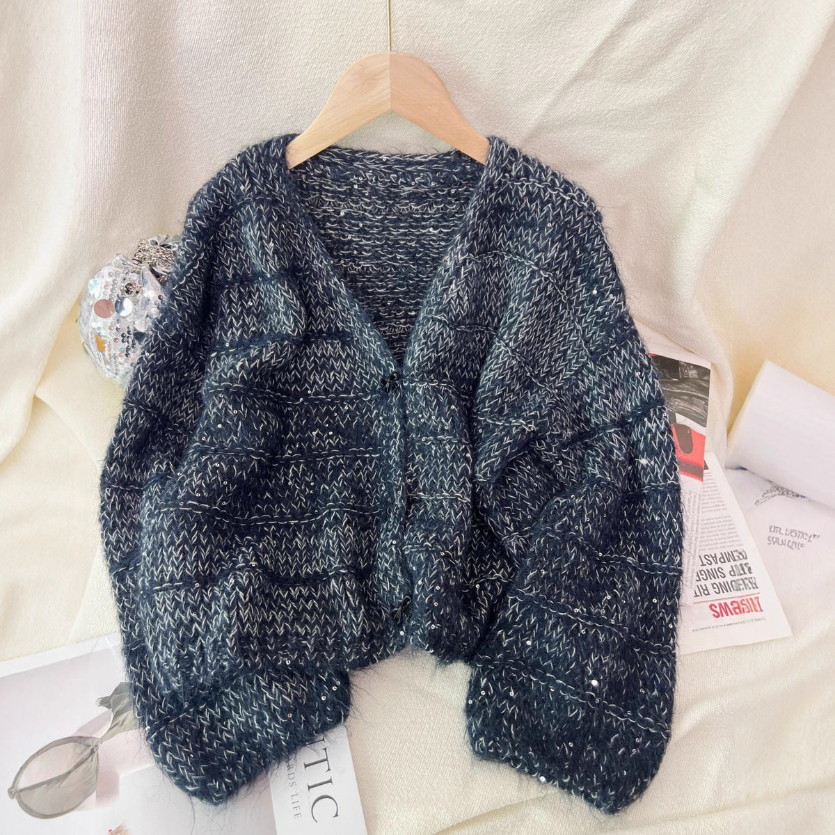 Cropped V Neck Bow Button Cardigan - Blue