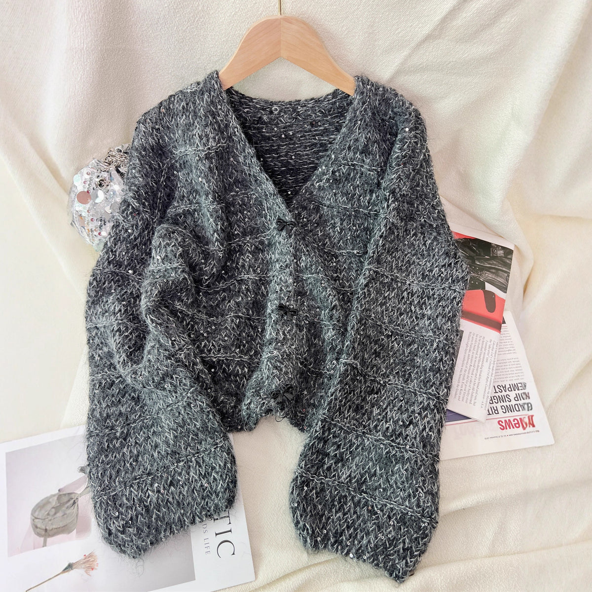 Cropped V Neck Bow Button Cardigan - Grey