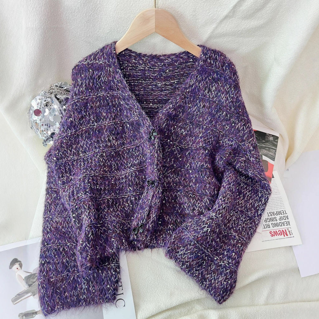 Cropped V Neck Bow Button Cardigan - Purple