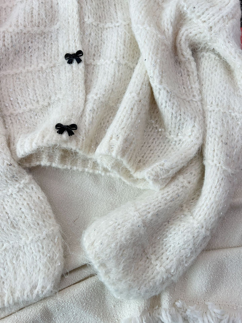 Cropped V Neck Bow Button Cardigan - White - 1